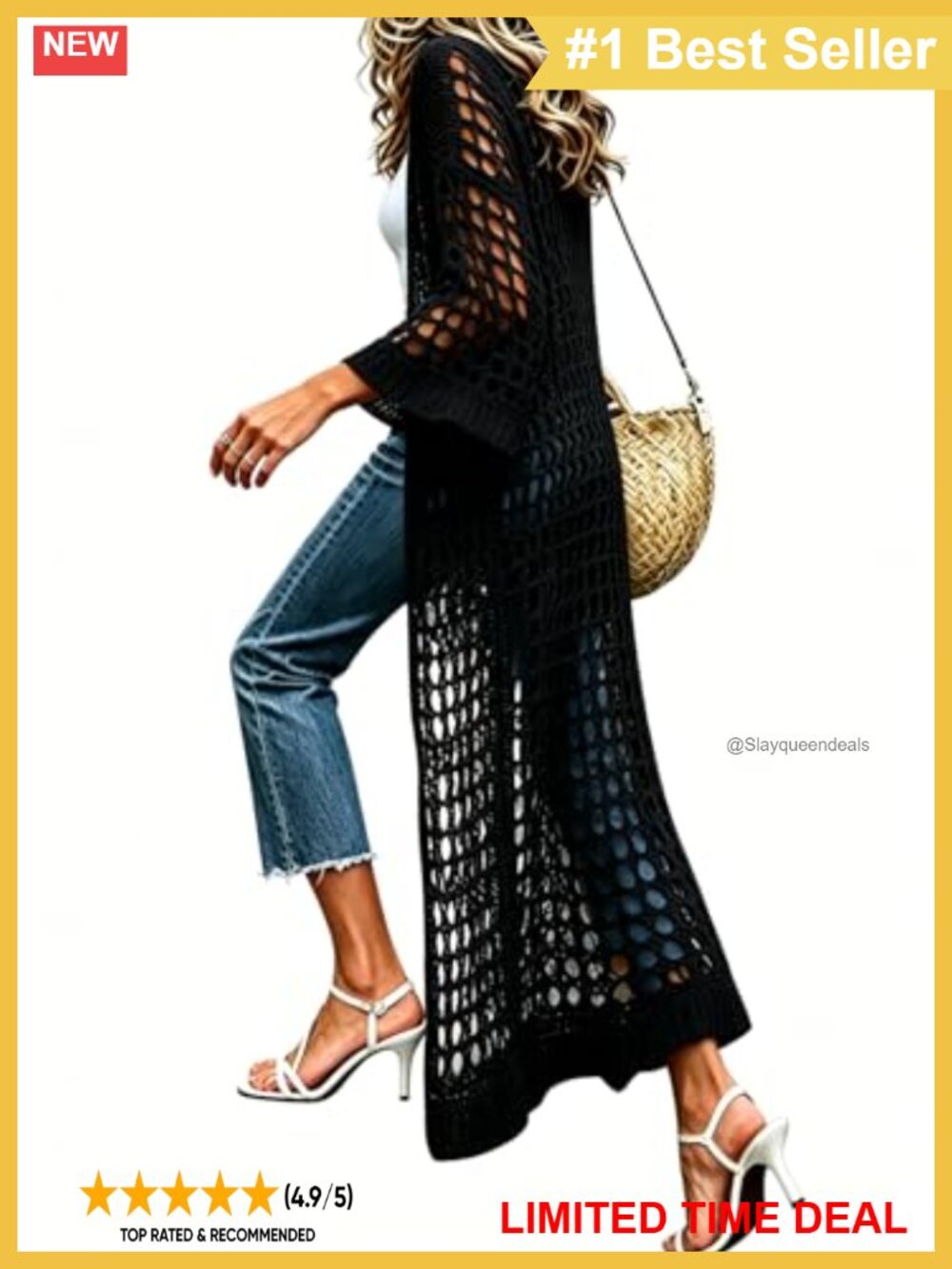 Womens Lightweight Crochet Cardigan Open Front 3/4 Sleeve Summer Sweater